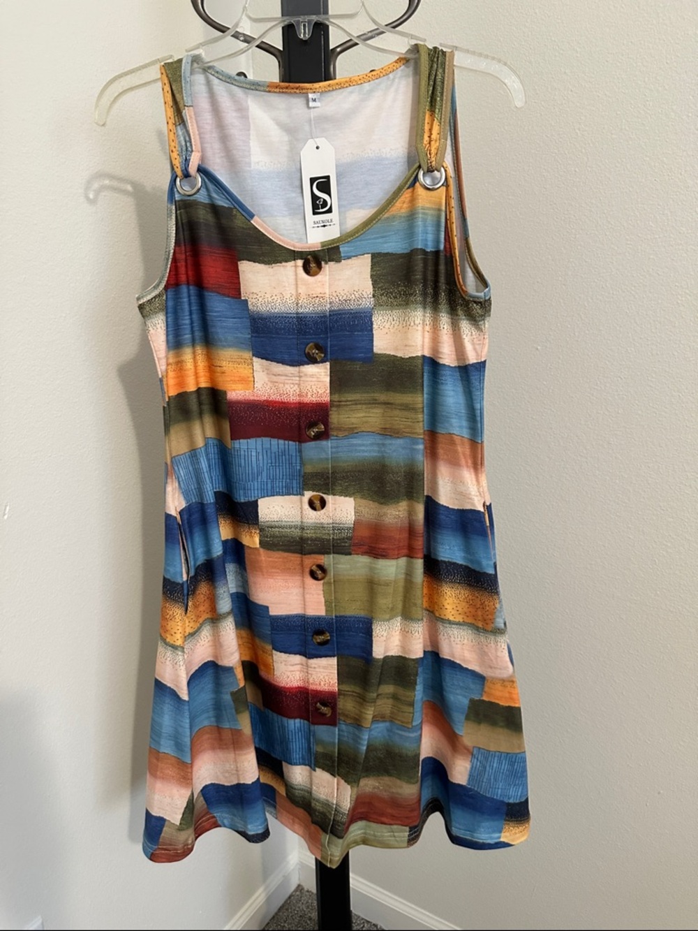 Striped Multi-Color Button-Front Midi Dress by Soprano - Blue/Green/Pink